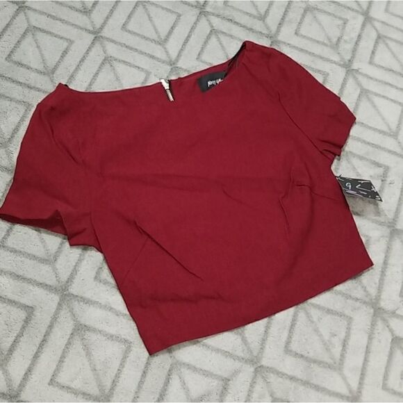NWT Nasty Gal Maroon Dar Red Jewel Neck Sexy Goth Zip Up Short Sleeve Crop Top - Picture 1 of 4